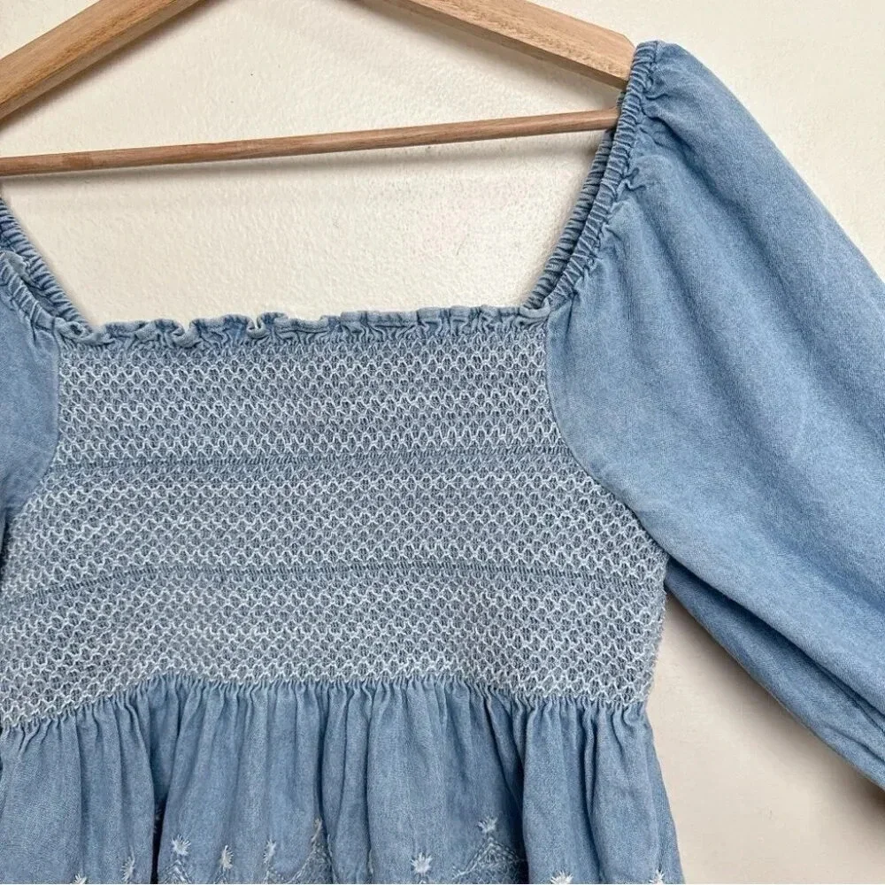 American Eagle Womens Small Smocked Square Neck Babydoll Chambray Top - Picture 9 of 14